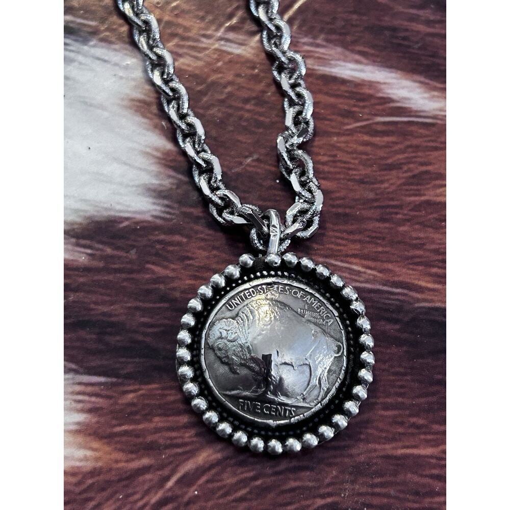 Vintage Buffalo Nickel Sterling Silver Pendent On Chain Handmade In Montana